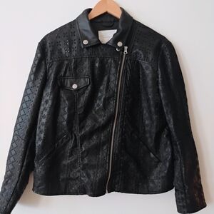Anthropologie Luxury Faux Leather Embroidered Eyelet Lace Moto Jacket Coat Boho